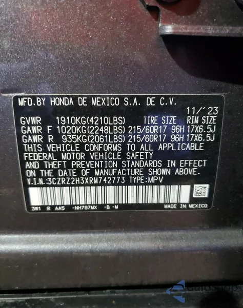 2024 Honda Hr-V Lx from USA, damaged, VIN 3CZRZ2H3XRM742773